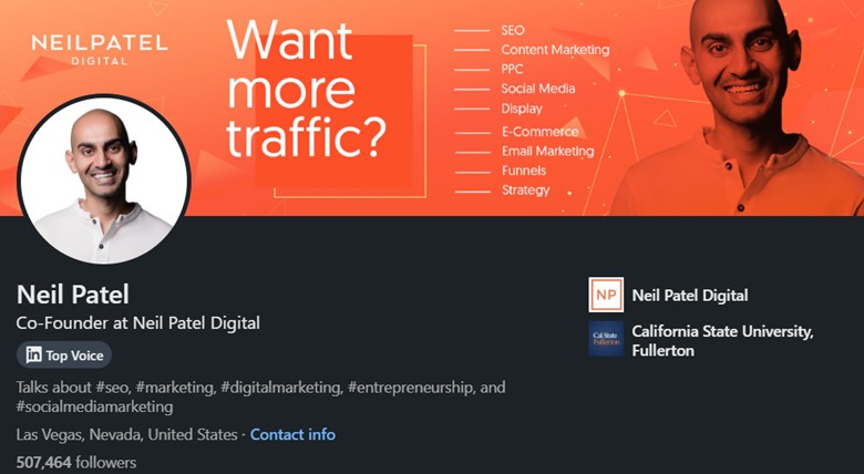 Screenshot of Neil Patel’s LinkedIn header image for LinkedIn B2B marketing